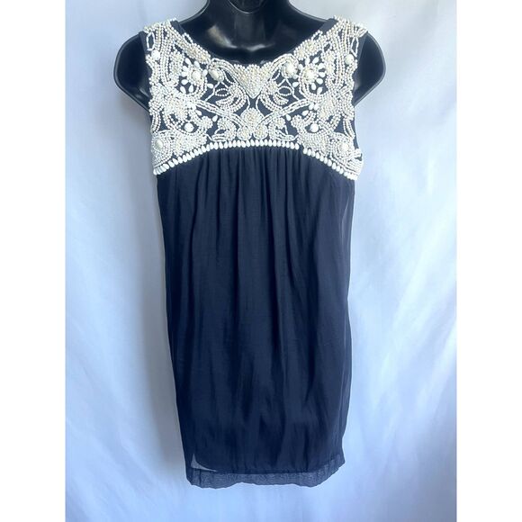 Gold Hawk 100% Silk Mini Tunic Dress Size XS Beaded Black Cream Classy Coastal - Picture 5 of 12